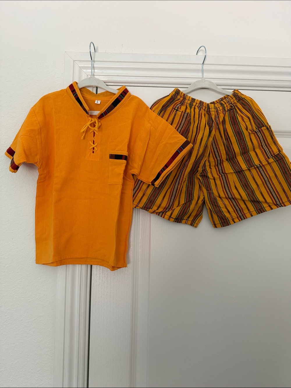 Guatemalan Orange Two-Piece Set with Striped Shorts
